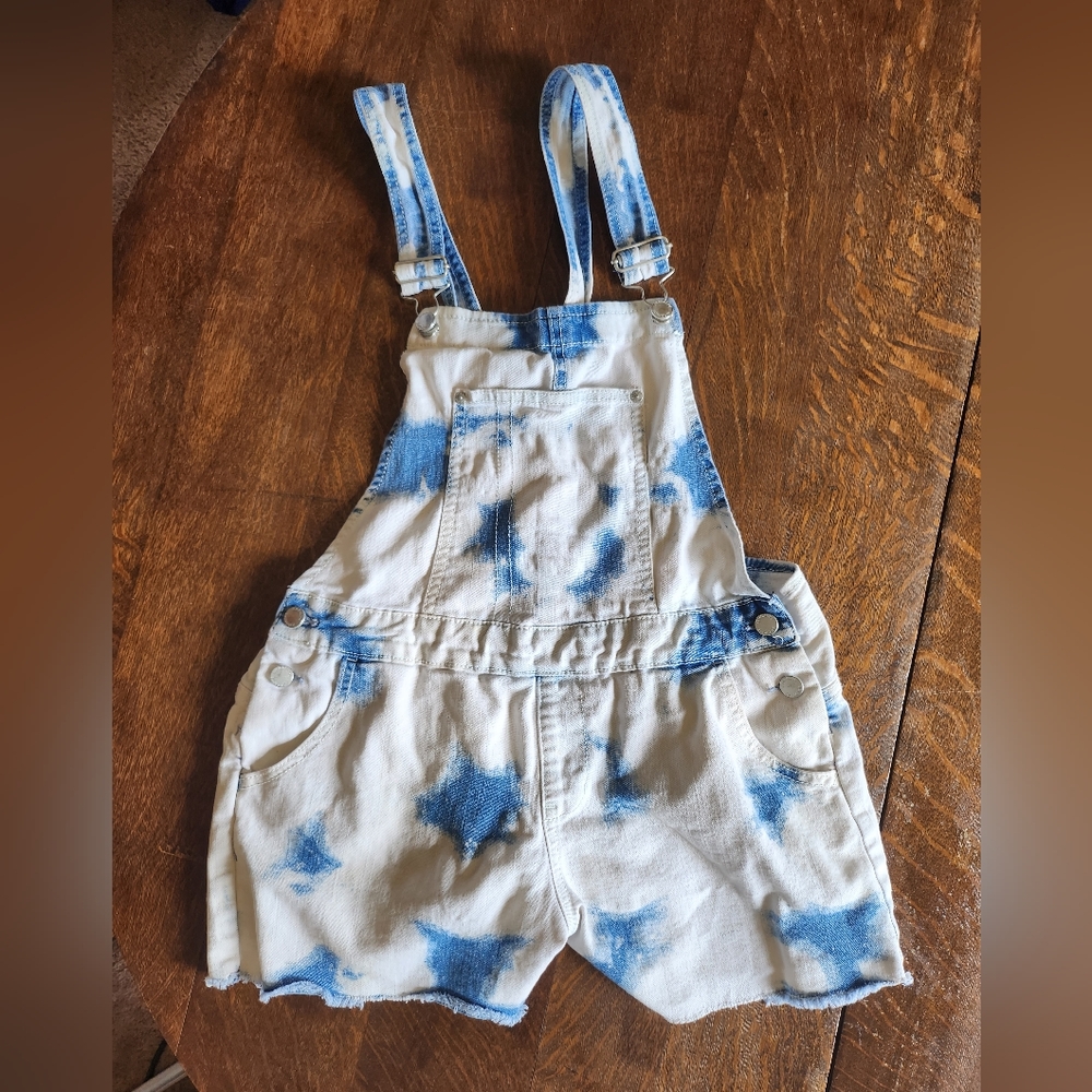 Vintage Jordache Bleach Tie Dyed Overall Shorts Size 14-16